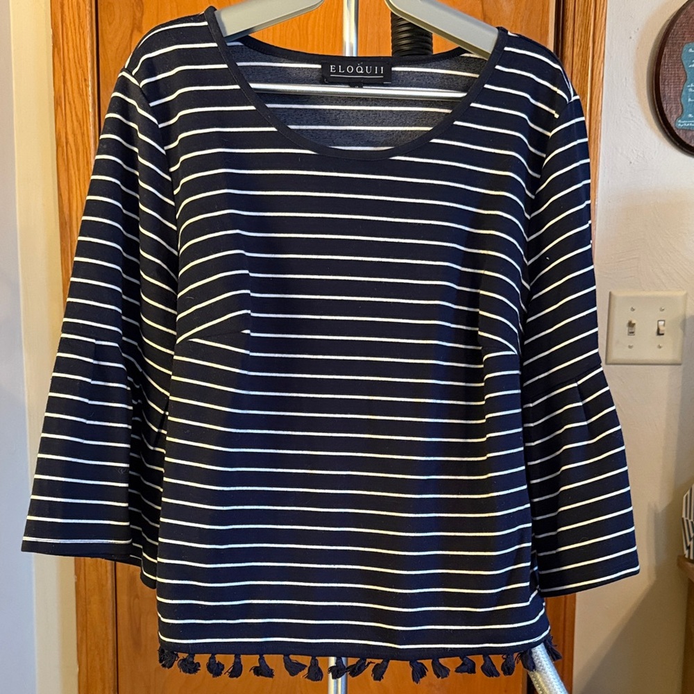 Eloquii Black and White Striped Tee with Tassels and bell sleeves. Size 16.